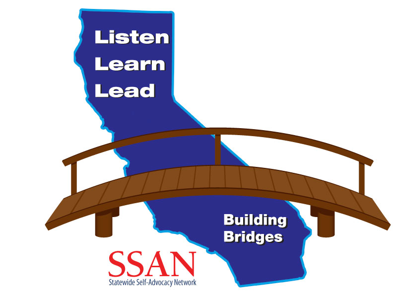 Listen. Learn. Lead. Building Bridges. State Self-Advocacy Network logo.