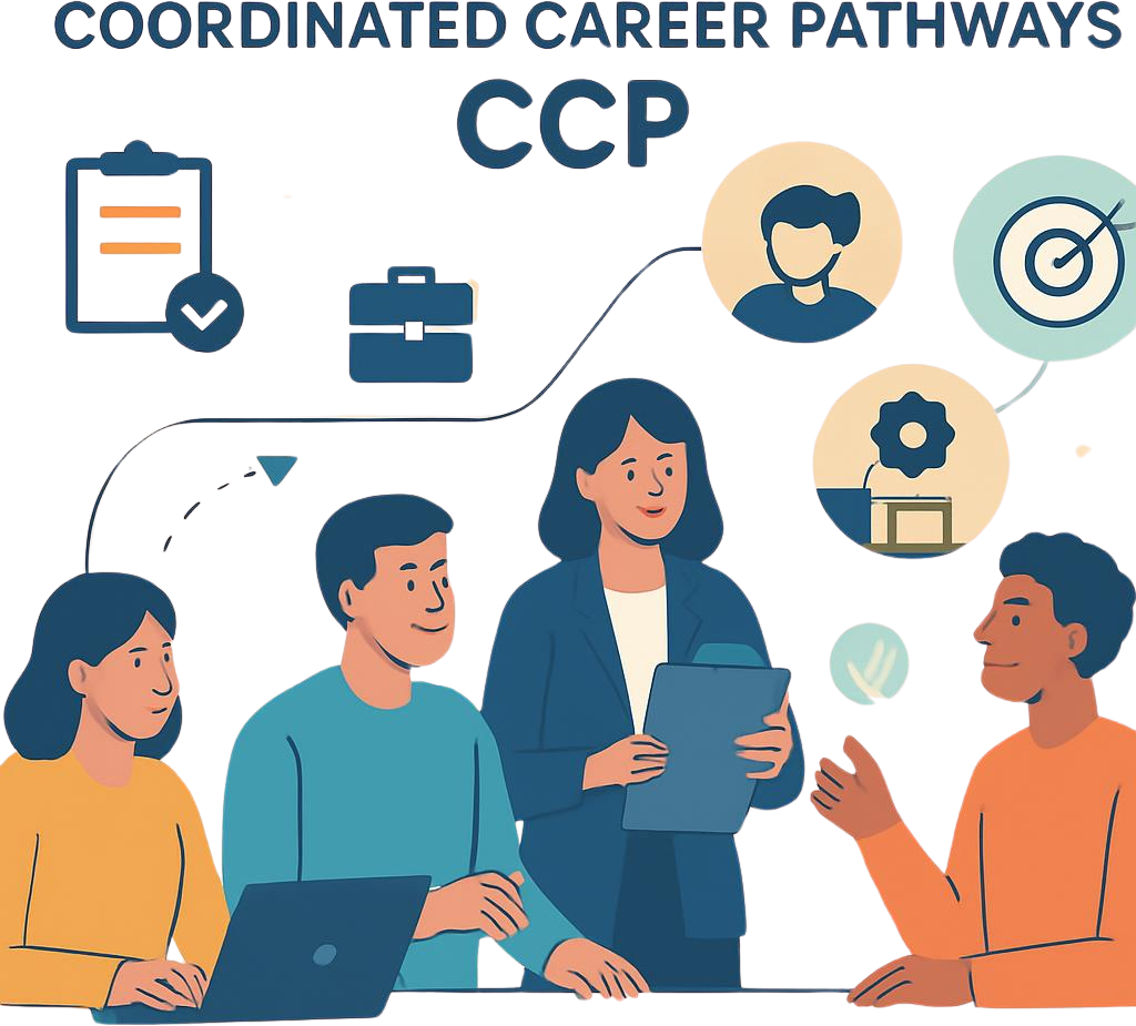 Vector art graphic with 2-3 people showing Coordinated Career Pathways CCP, adults with developmental disabilities planning career transition, employment coordinator with clipboard planning services, pa