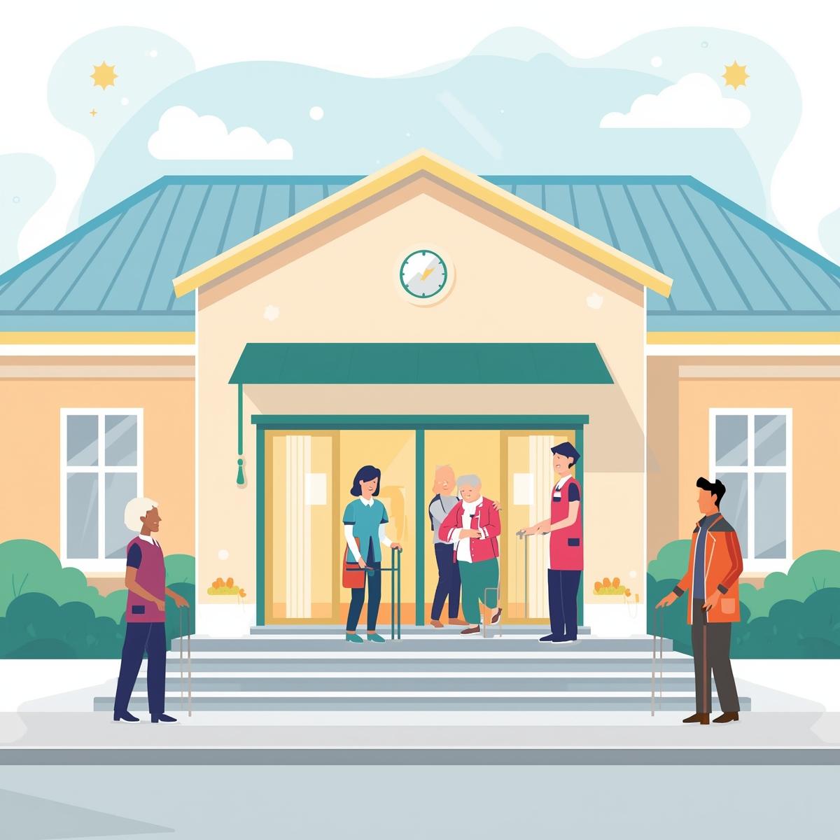 People outside a community building.