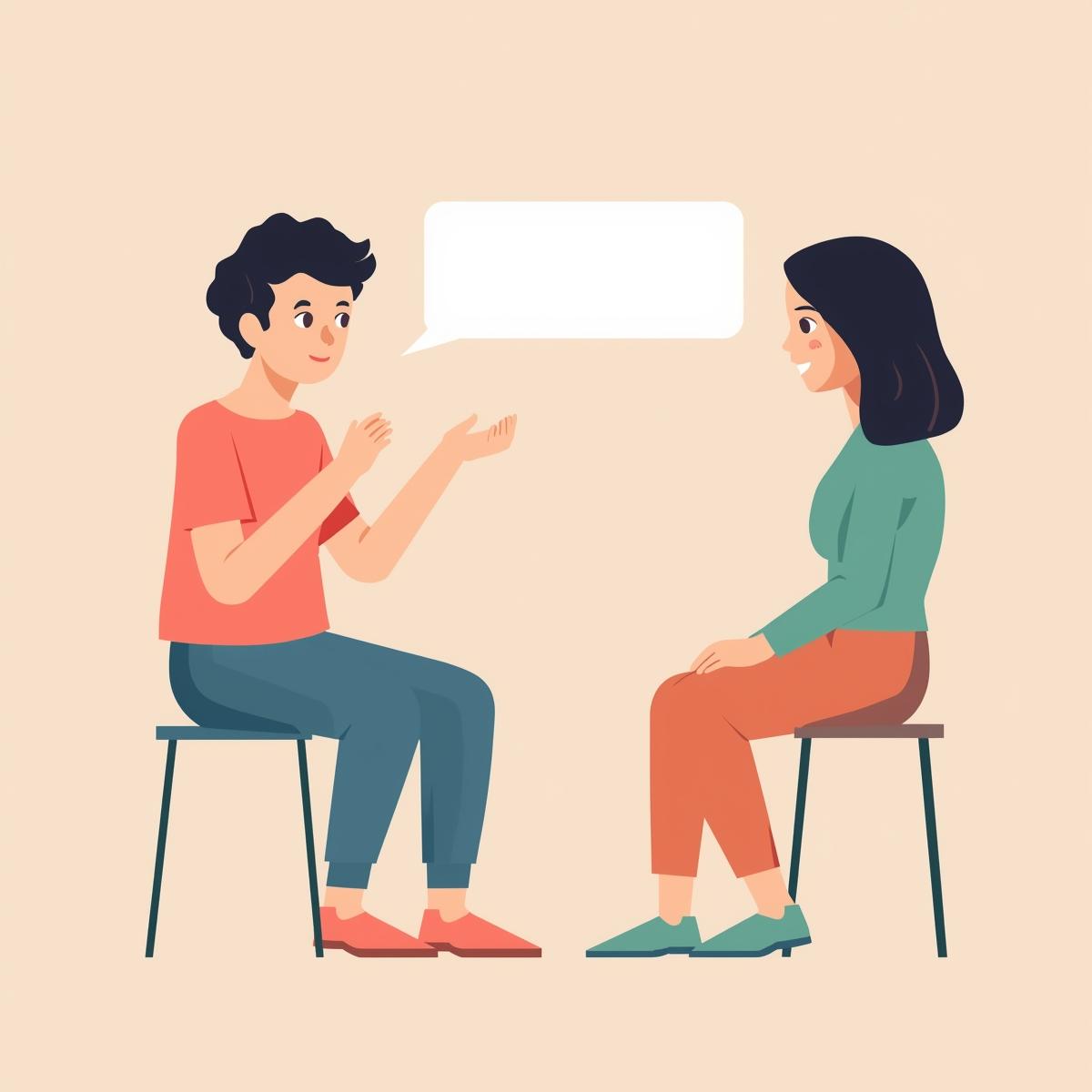 Two people talking to one another while sitting.