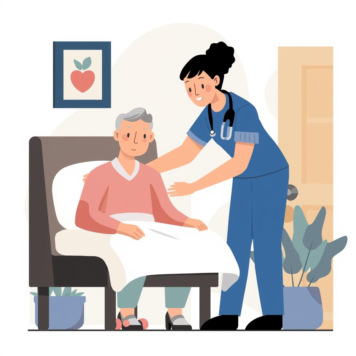 Nurse helping an elderly woman who is sitting.