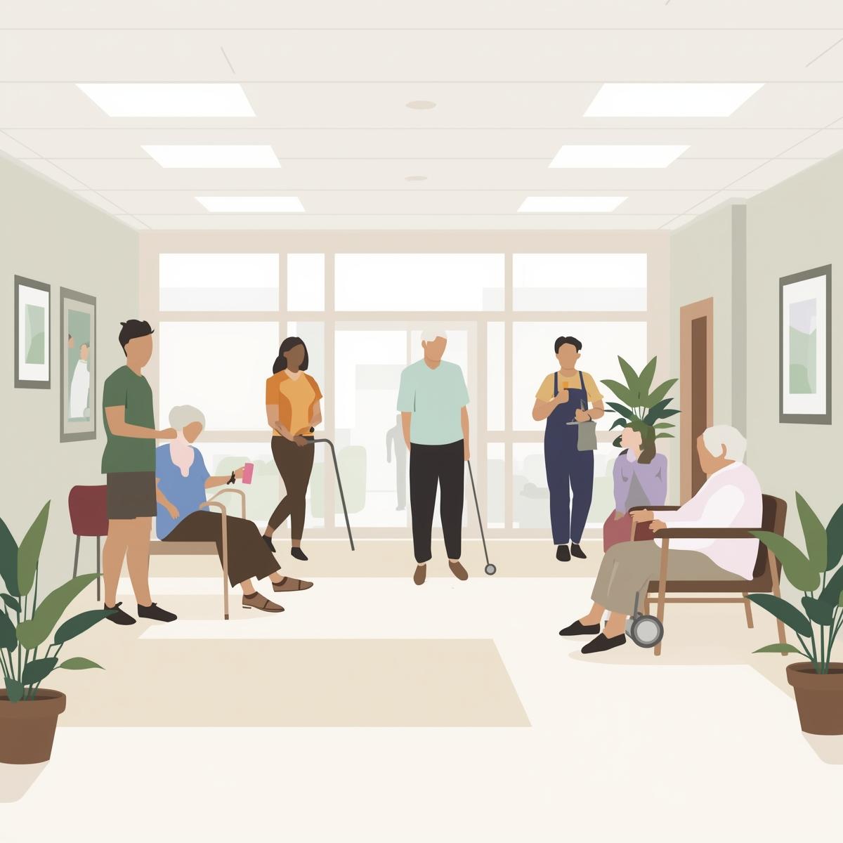 People in the background of a waiting room with 2 sitting.