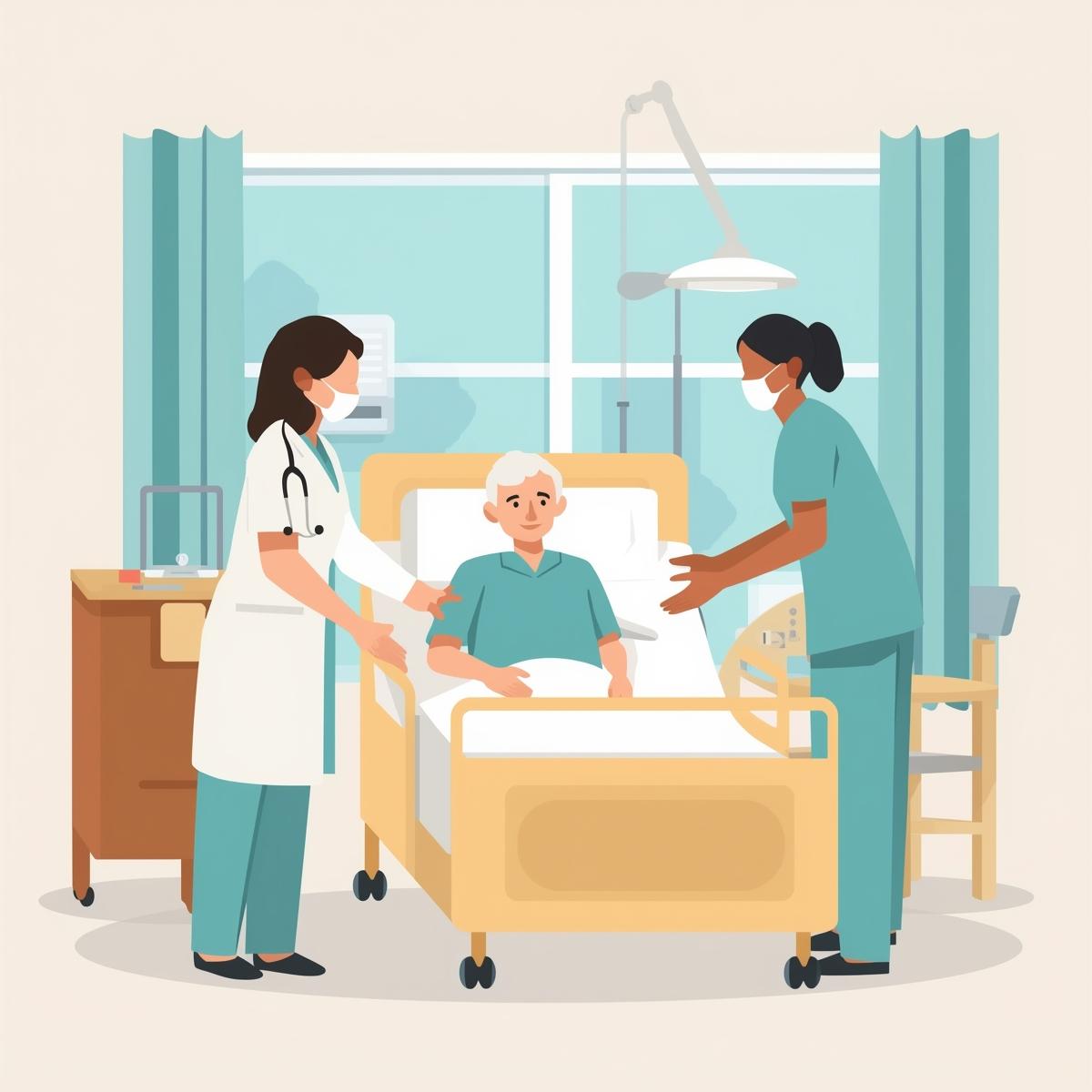 A nurse and doctor visiting a patient in the hospital bed.