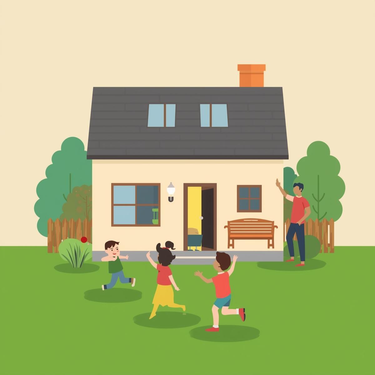 Kids playing in front of a home in the yard.