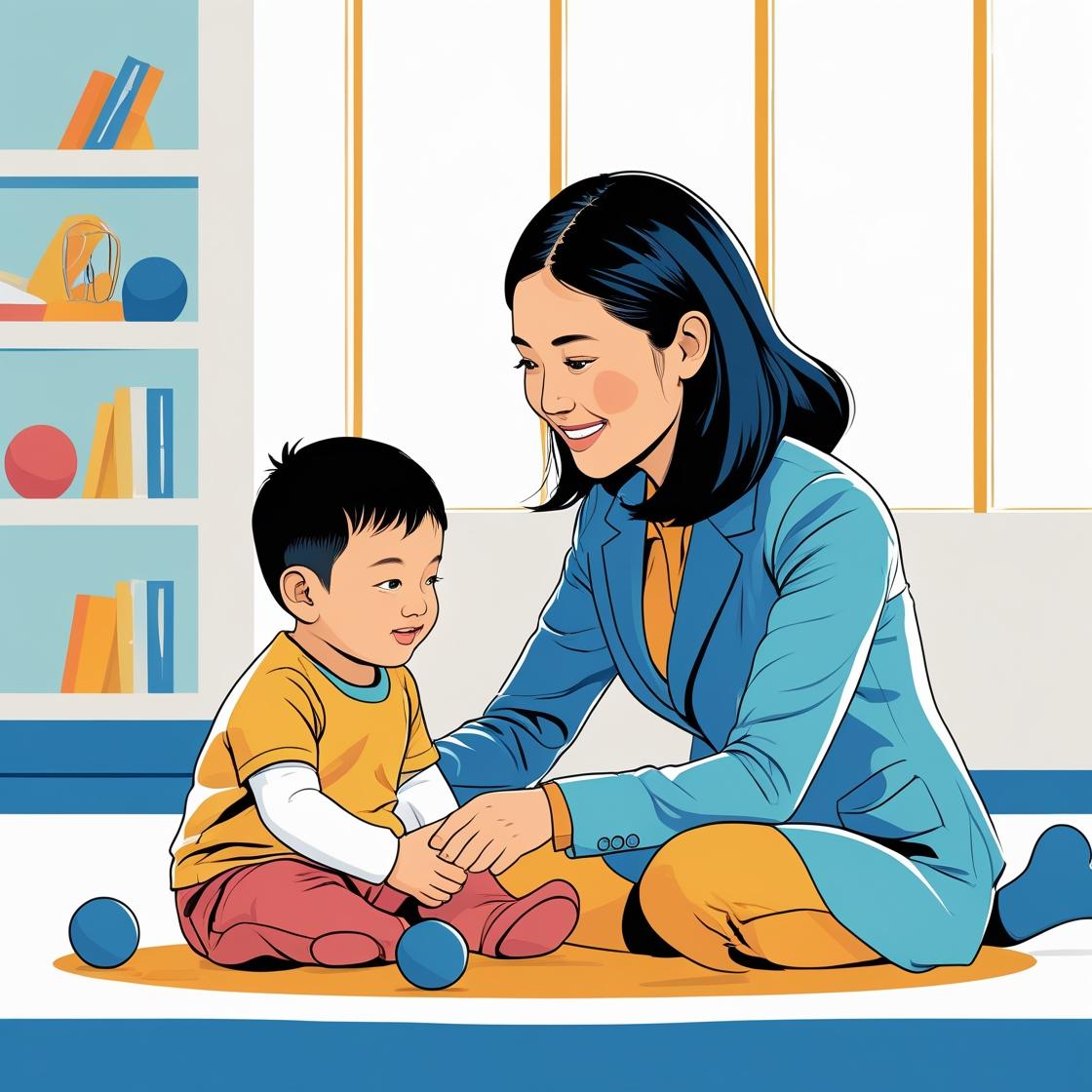 Woman in blue holding a young boy.