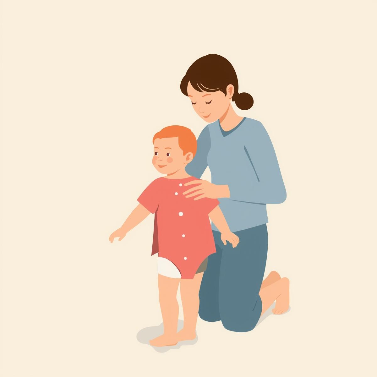 Women on her knees touching a child's shoulder.