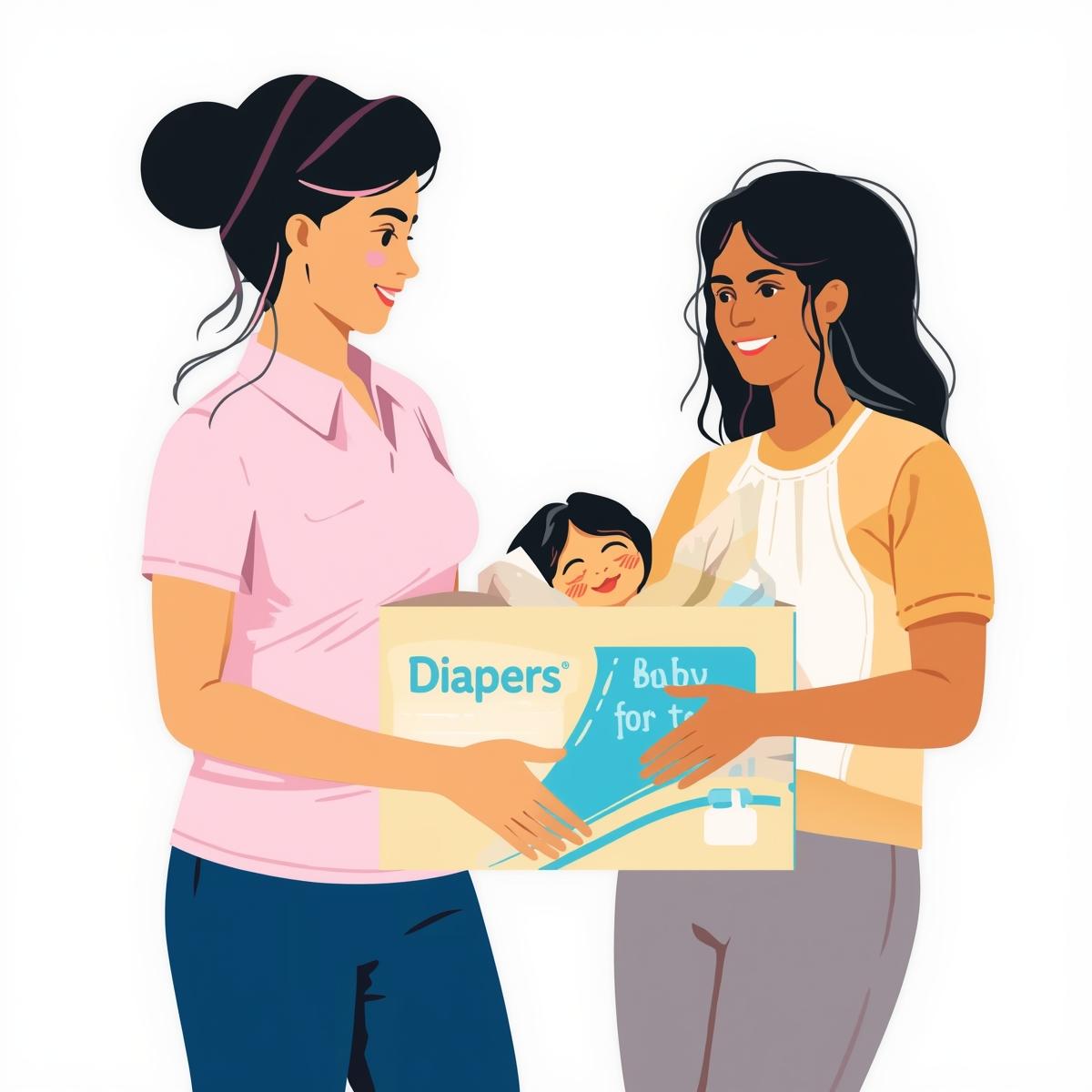 Tow women carrying a girl and a box of diapers.