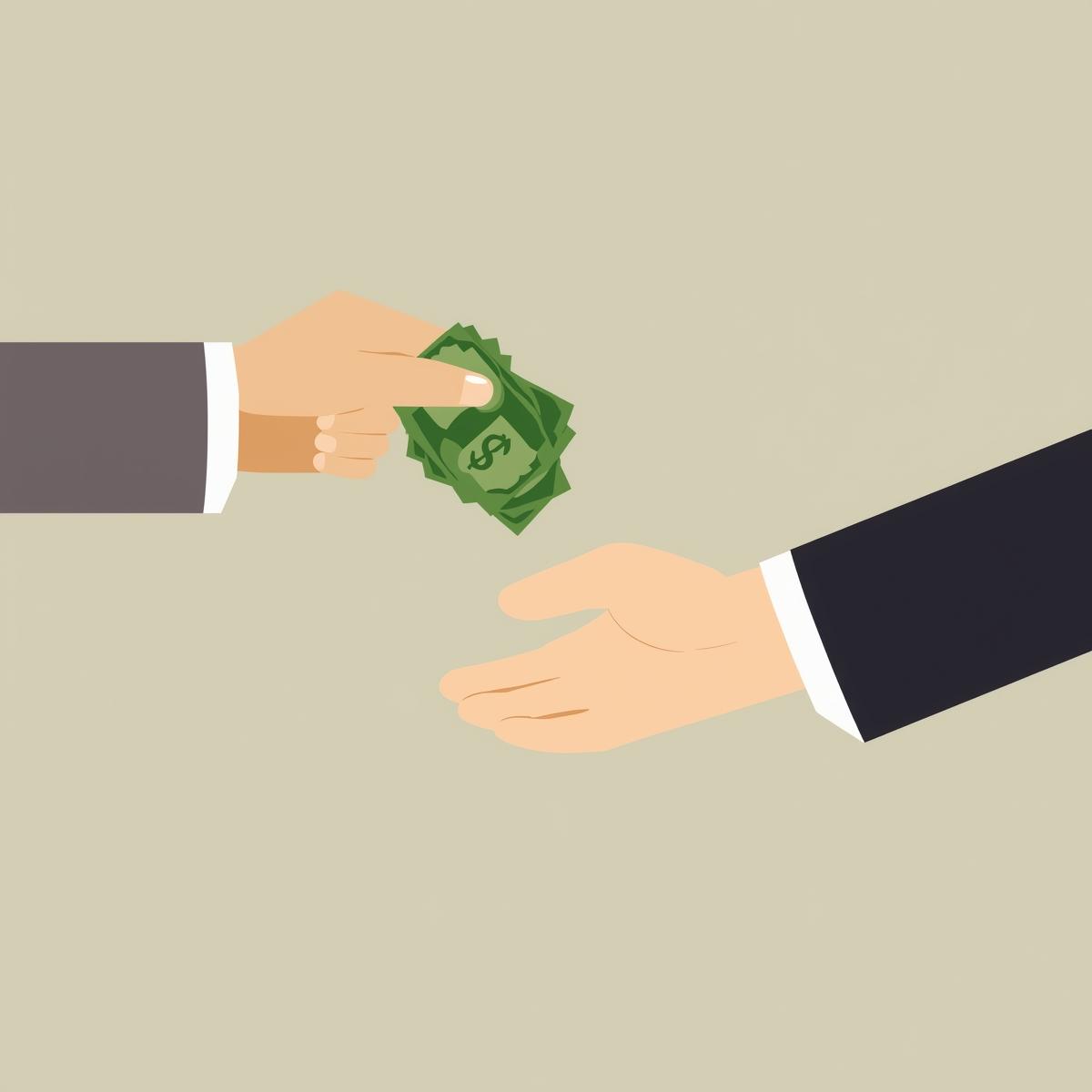 Hand giving money to another hand.