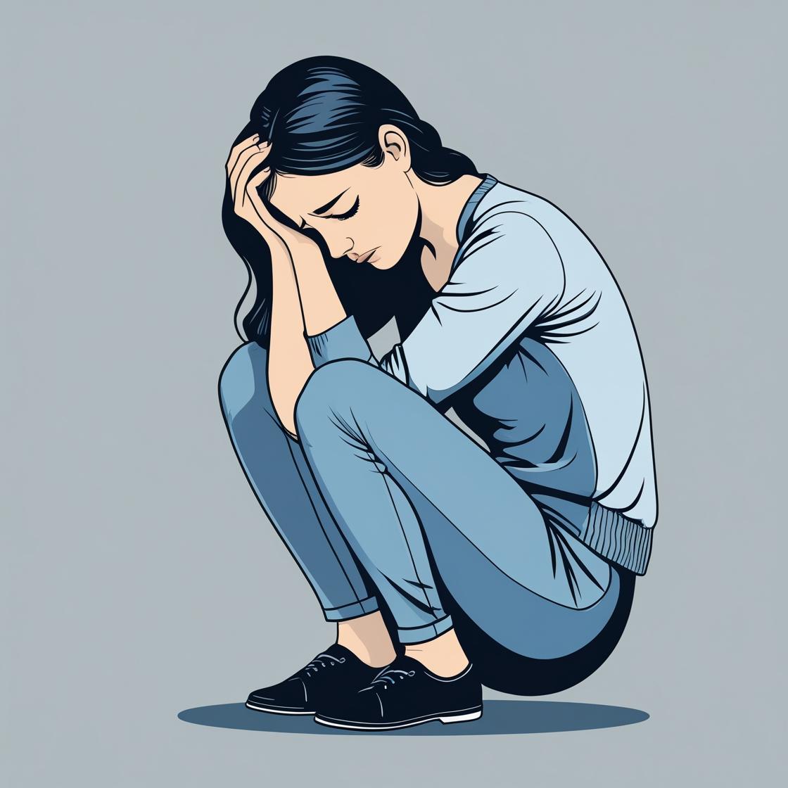 Woman curled up with both hands on her head.