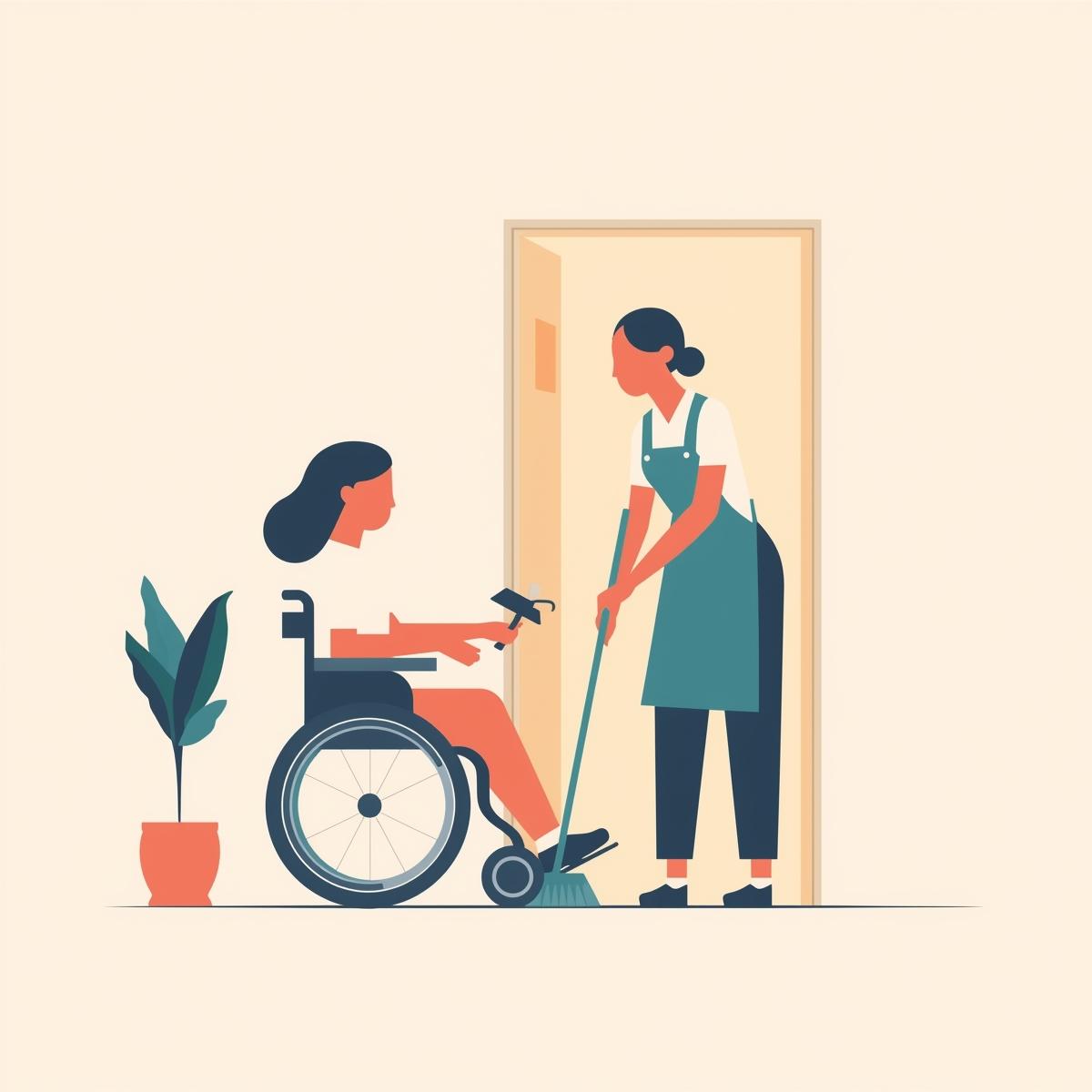 Woman in wheel chair talking to a woman sweeping.