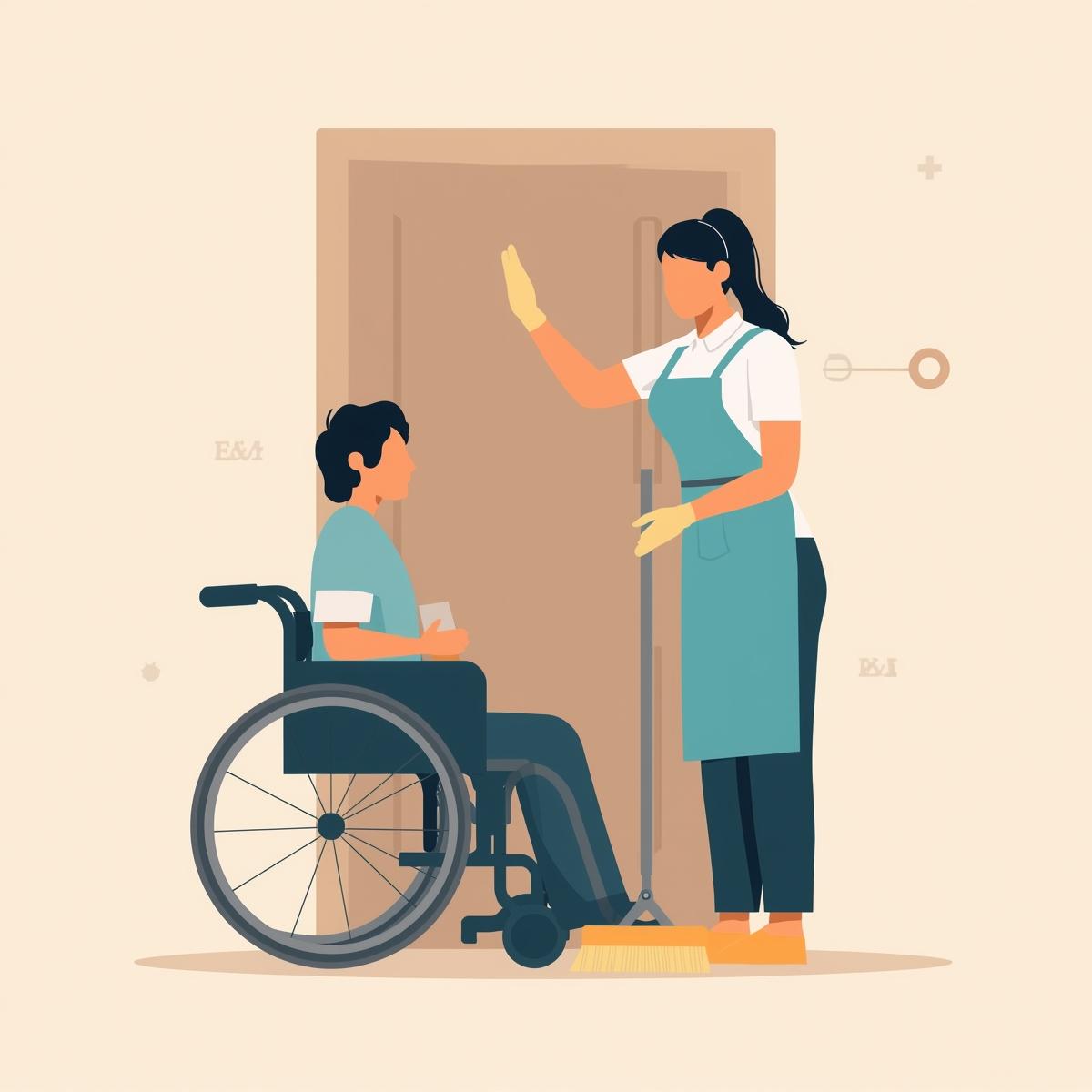 Woman waving to a person in a wheel chair.