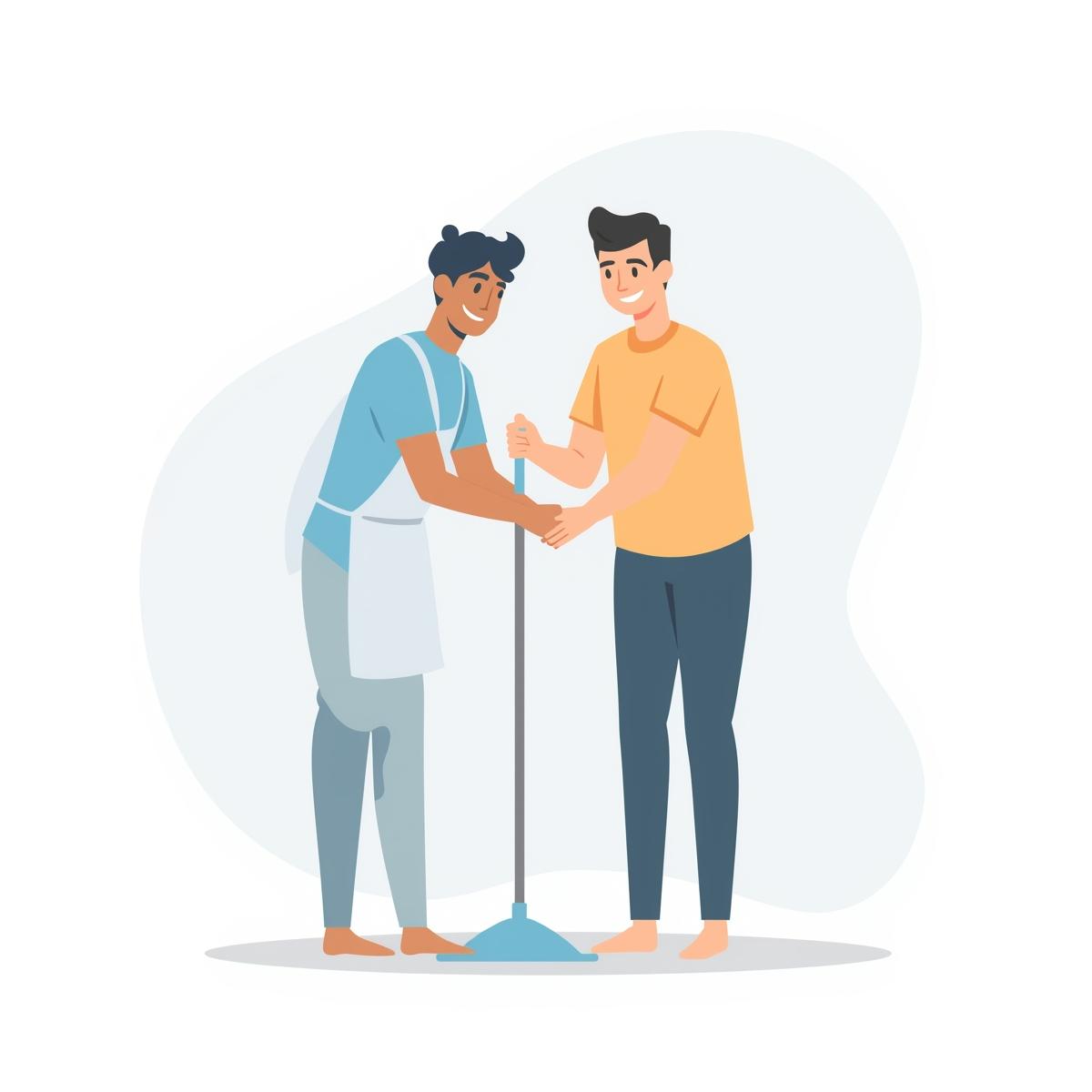 Two people shaking hands and one of them is holding a broom.
