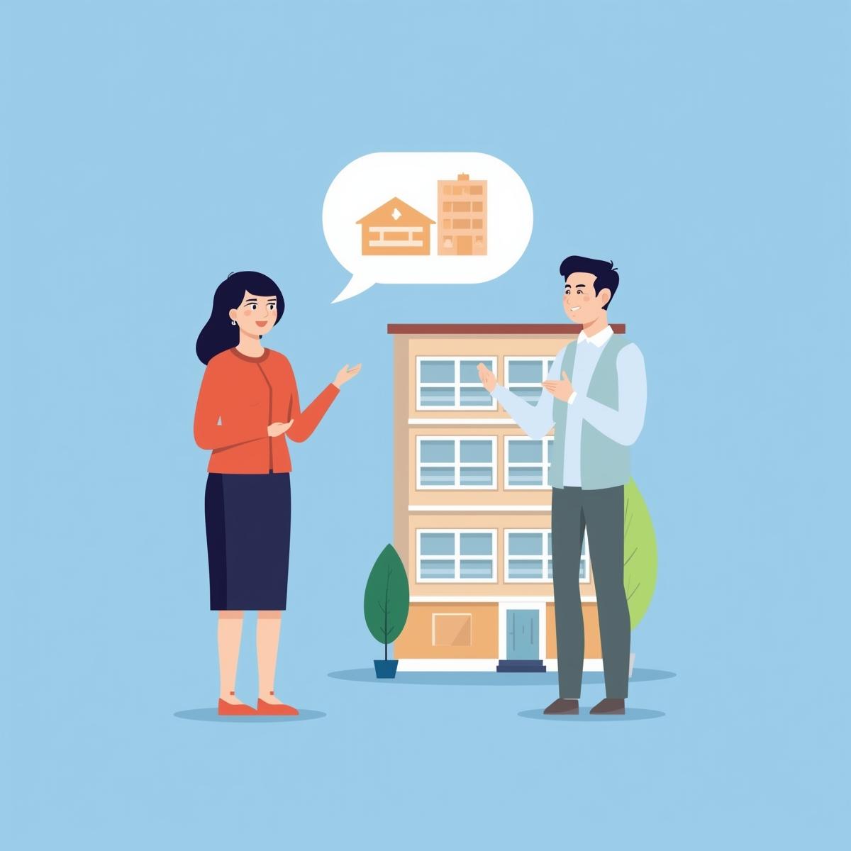 Woman talking to a man about homes or houses.