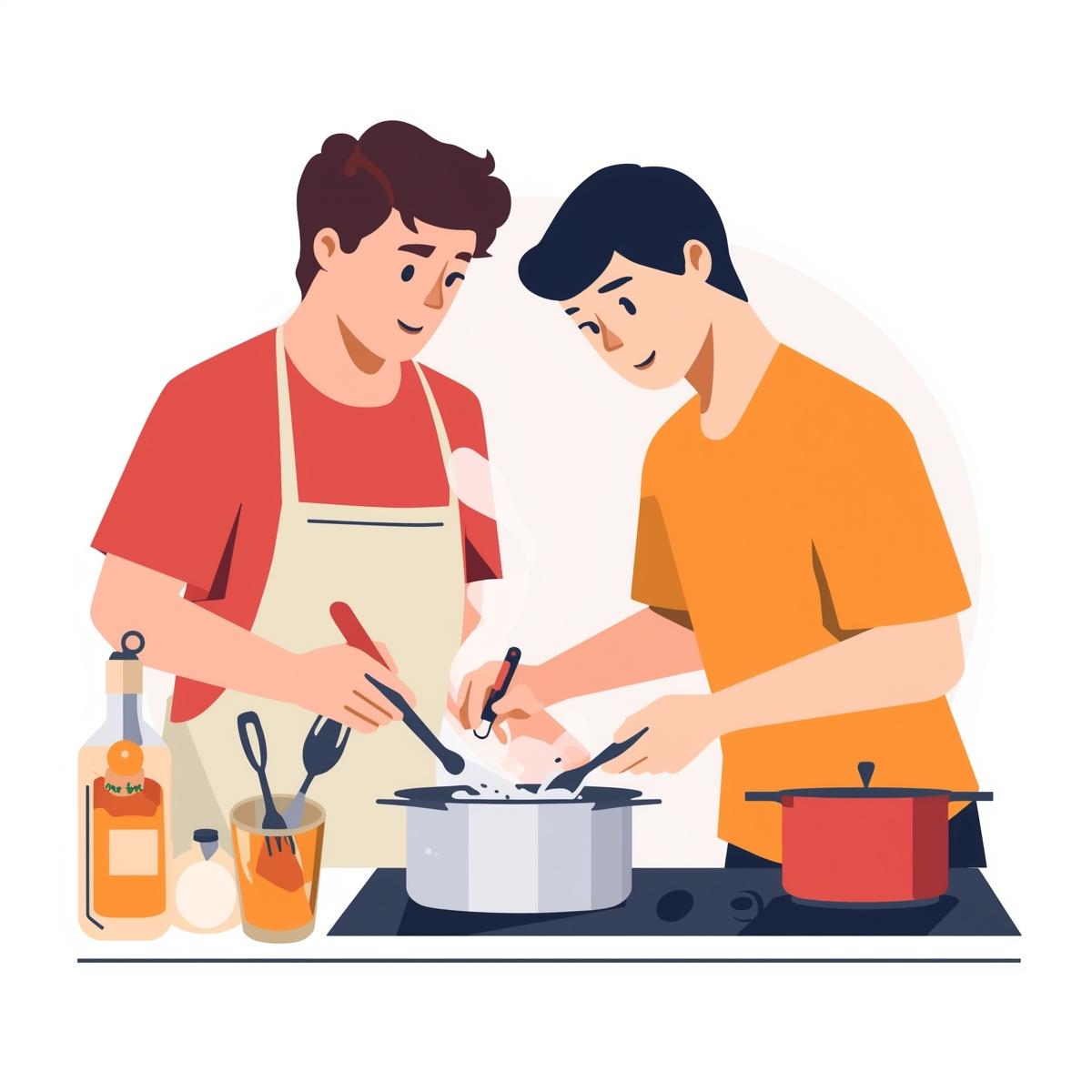 Two males cooking with a pot in front of them on a stove.