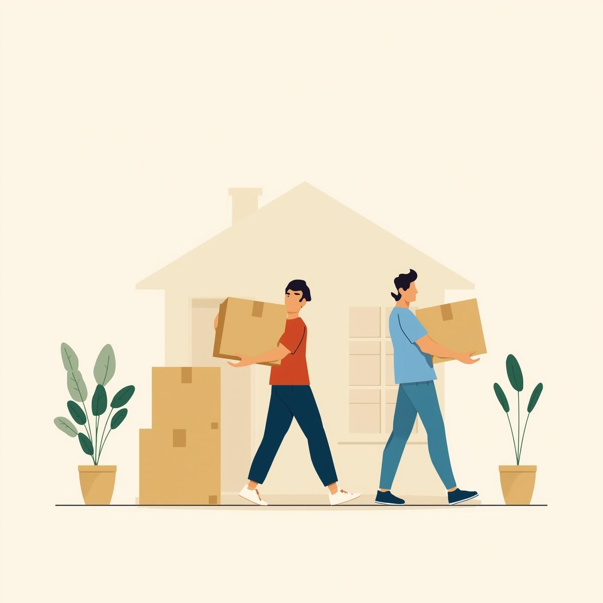 Two people moving boxes.