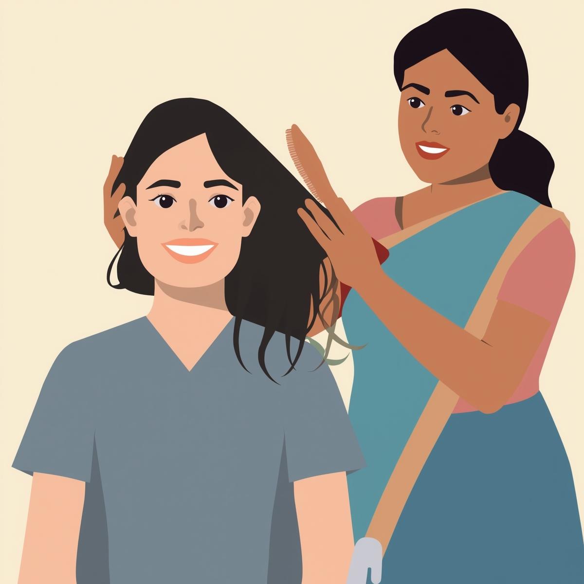 Woman touching another woman's hair.