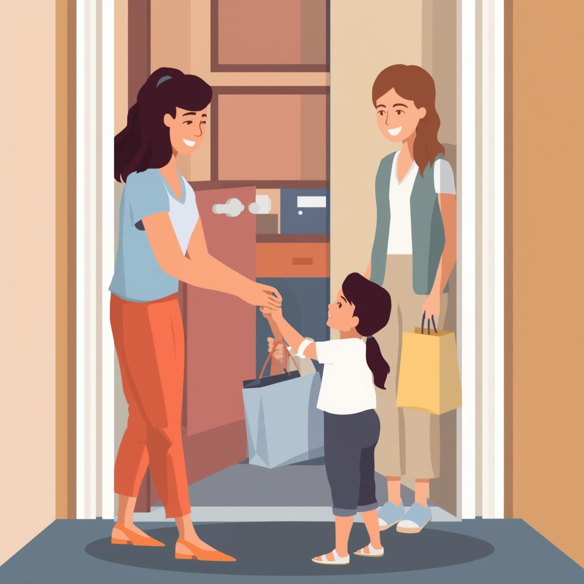 Woman holding the hand of a girl standing next to another woman.