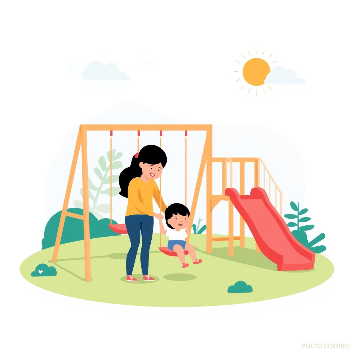 Woman playing with her child who is on a swing at a playground.