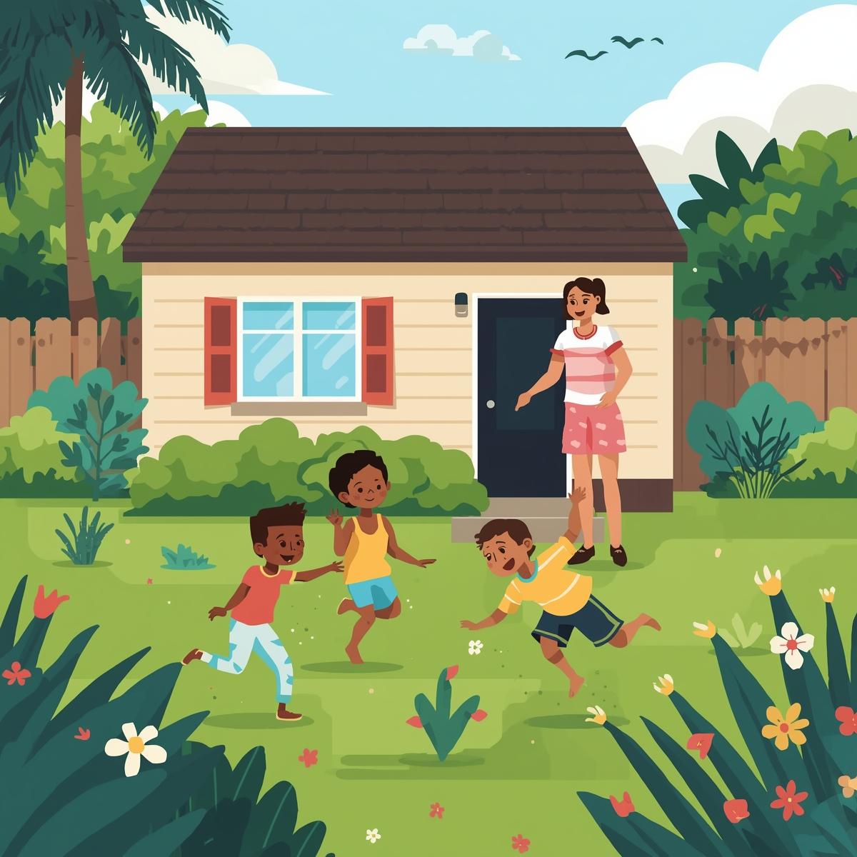 Children playing outside of a house while a woman watches from the door.