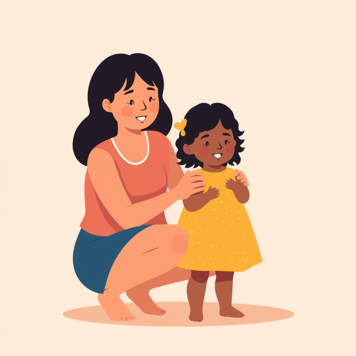 Woman holding the shoulders of a girl in a yellow dress.