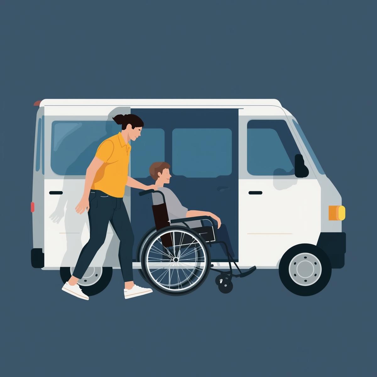 Woman helping person in wheel chair outside a white van.