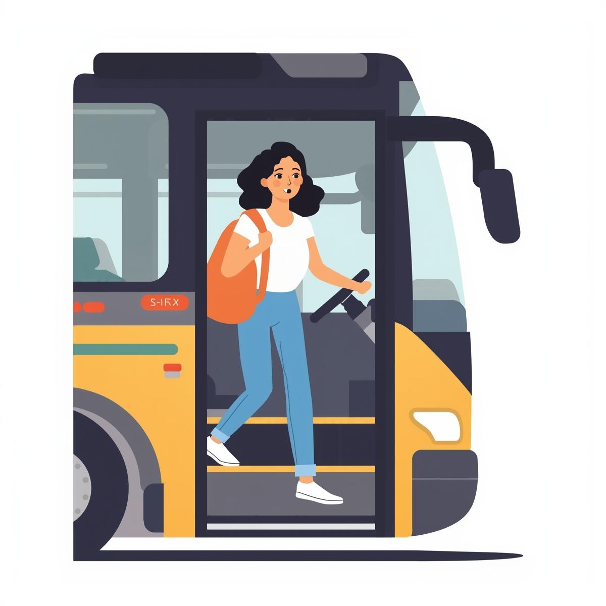 Woman leaving a bus with an orange purse.