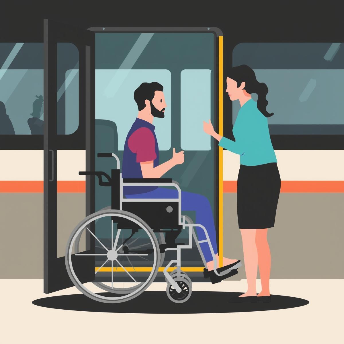 Woman talking to man in a wheel chair who are outside a bus.