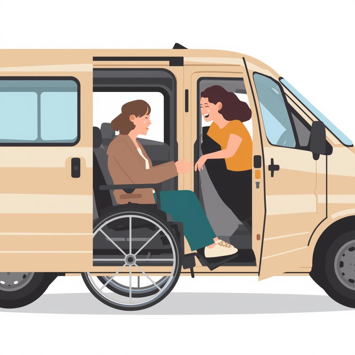 Female helping another female in a wheel chair who is inside a van.