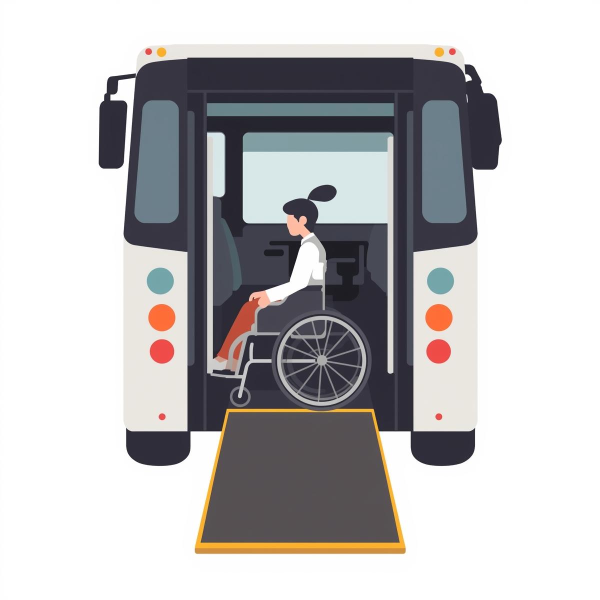 A male in a wheel chair in the back of an open bus with a ramp.