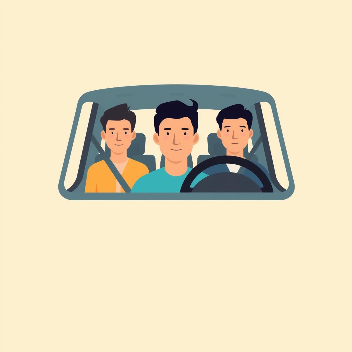 Three males in the front row of the car.