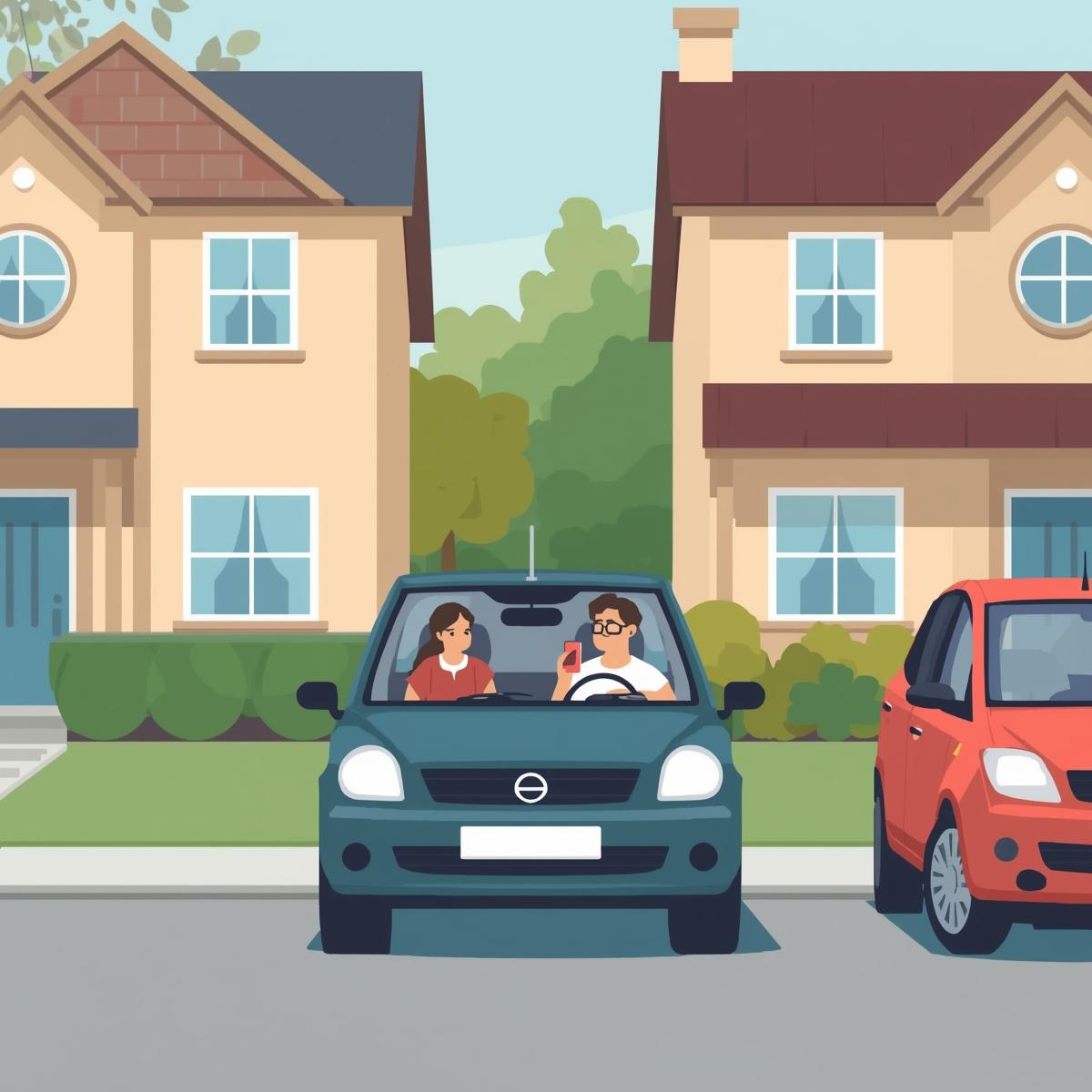 Picture of two people parked in a blue car.