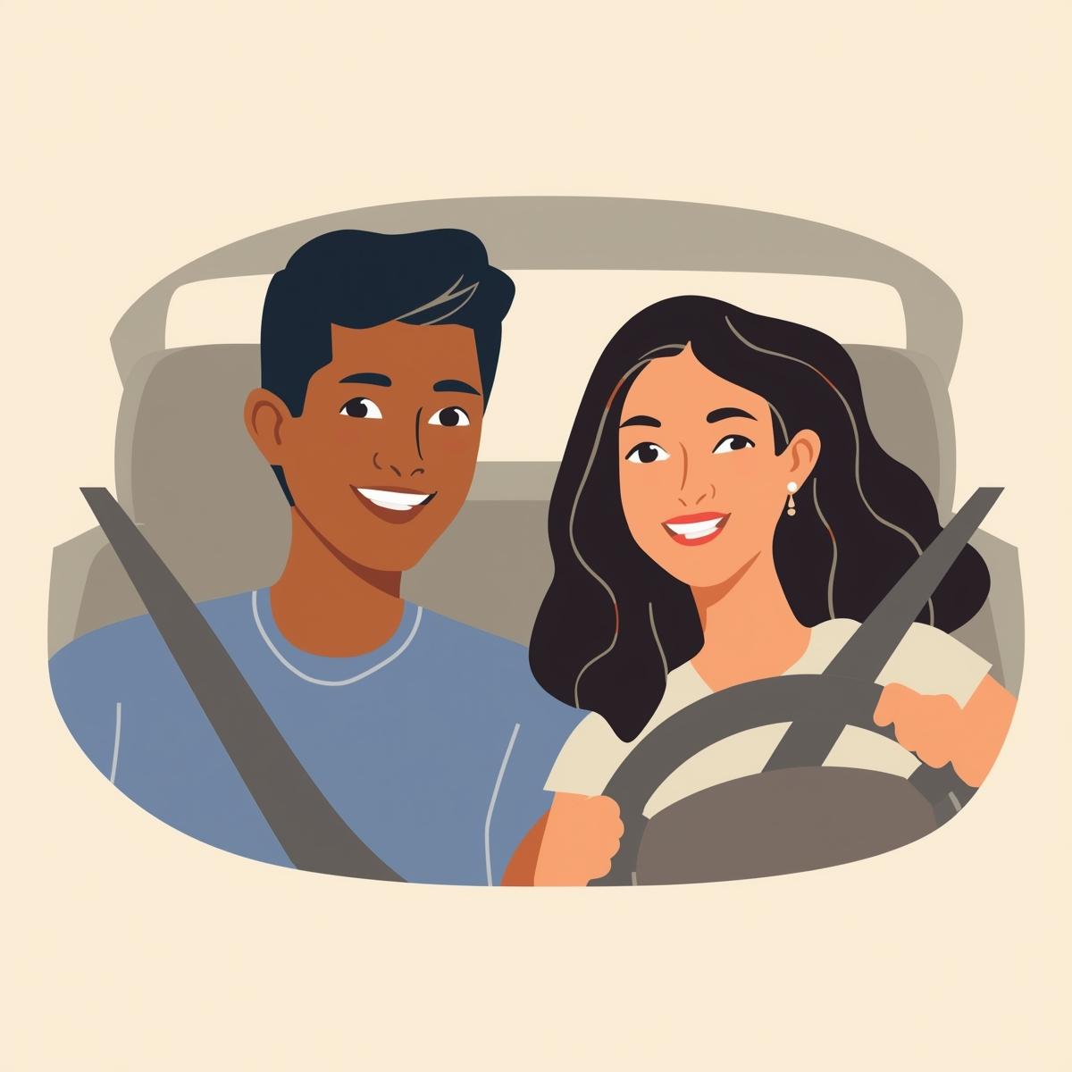 Man in blue shirt buckled in passenger of car next to woman in white shirt who is driving the car with her hands on the steering wheel.
