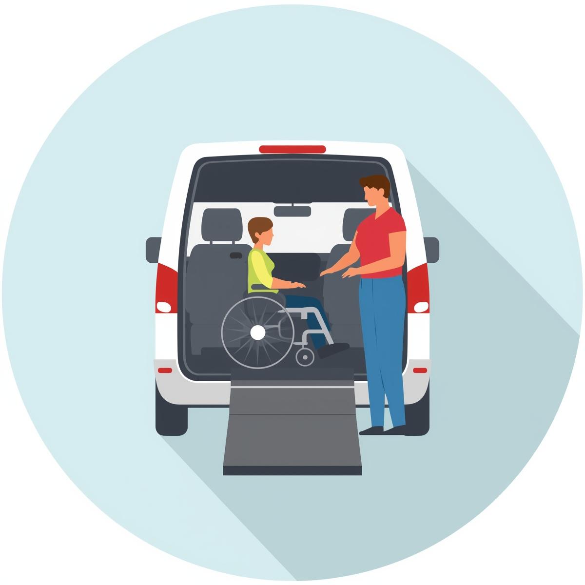 A person helping another person in a wheel chair who is inside a white van with a ramp.