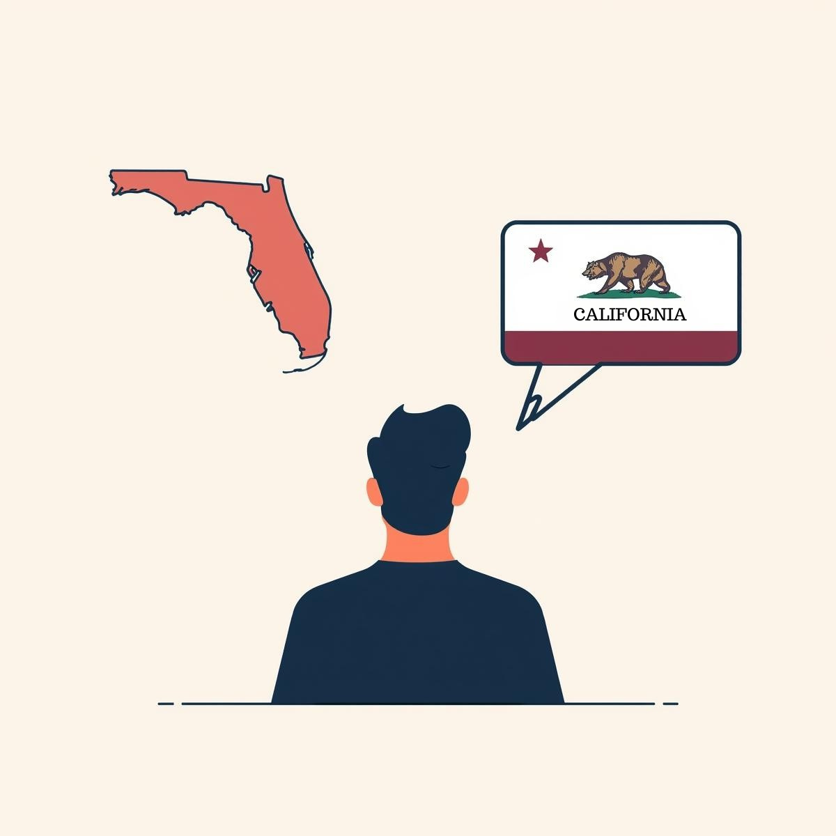 Man looking ahead at a map of Florida with a speech bubble of the flag of California.