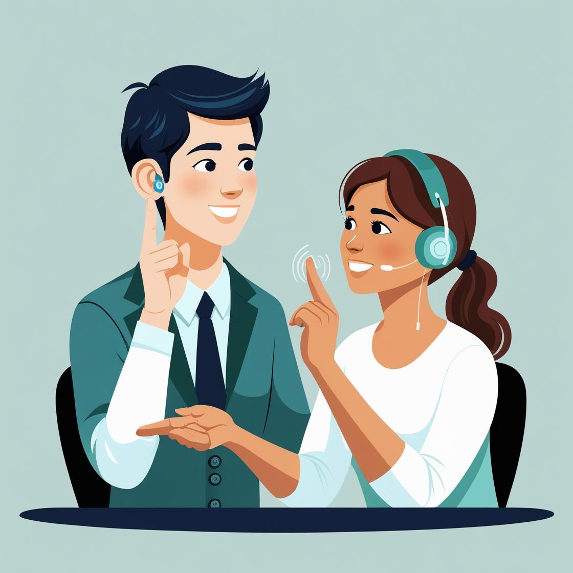 Man and a woman with headphones talking.