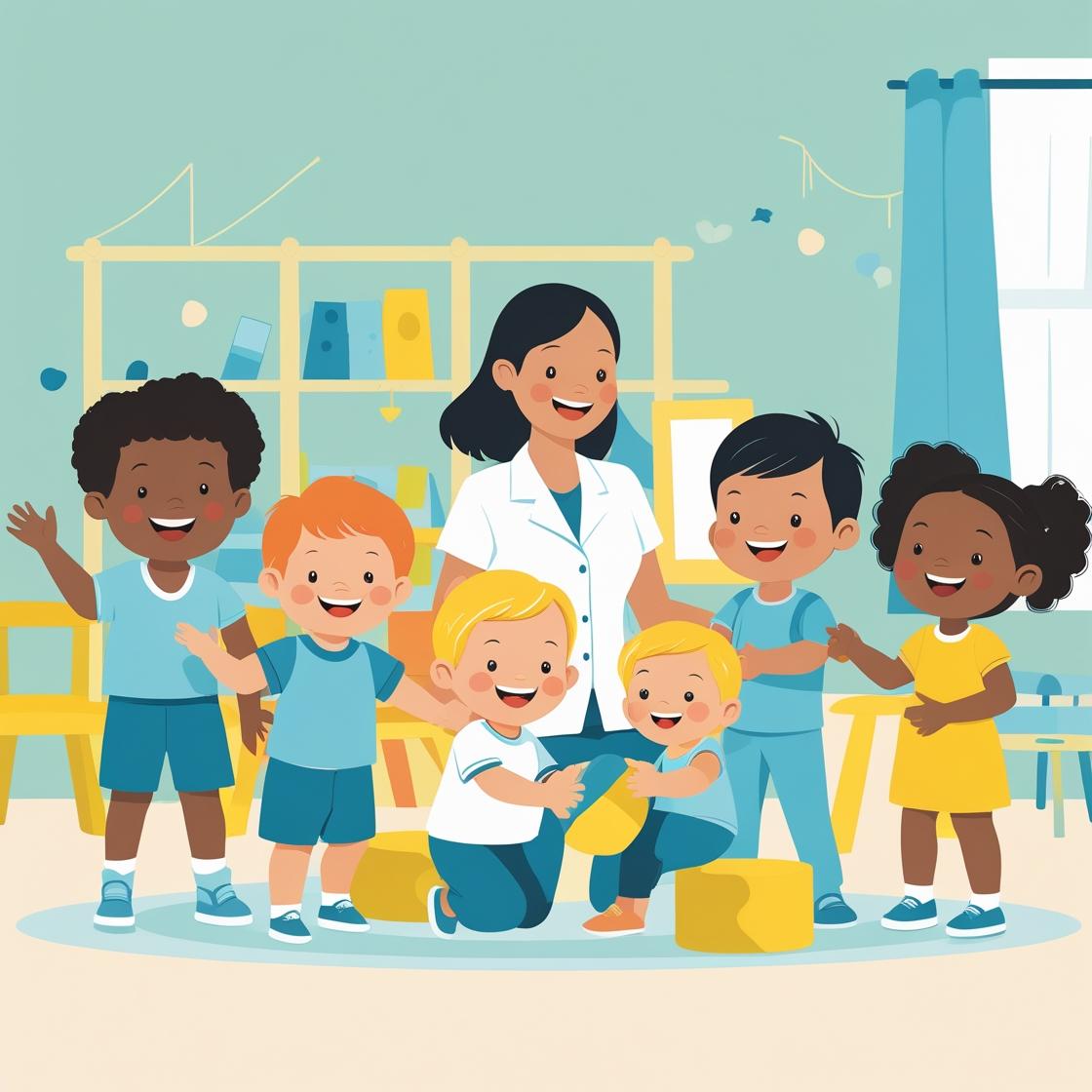 Doctor surrounded by 6 children.
