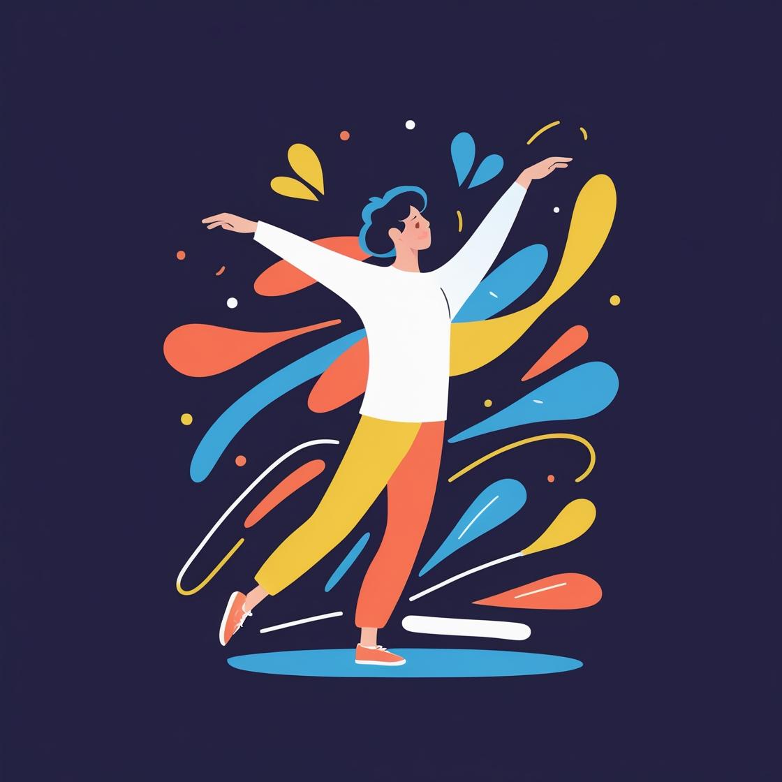 Person pointing into the air surrounded by colorful strokes.
