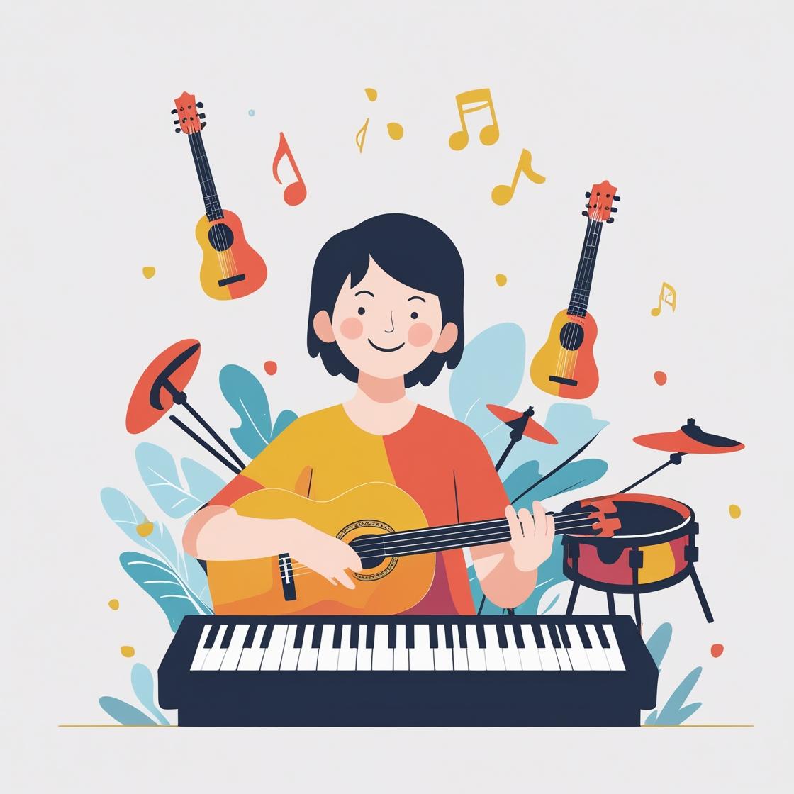 Person playing the guitar in front of a piano.