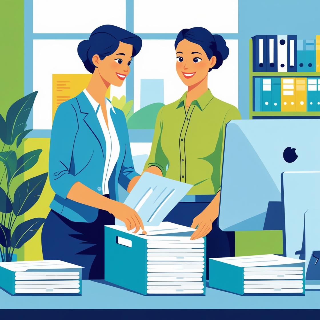 Two woman talking in front of a stack of papers.