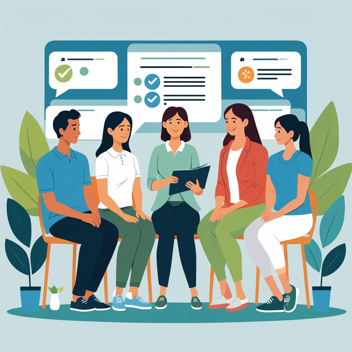 Group of 5 people in a meeting with the woman in the middle holding a black folder.