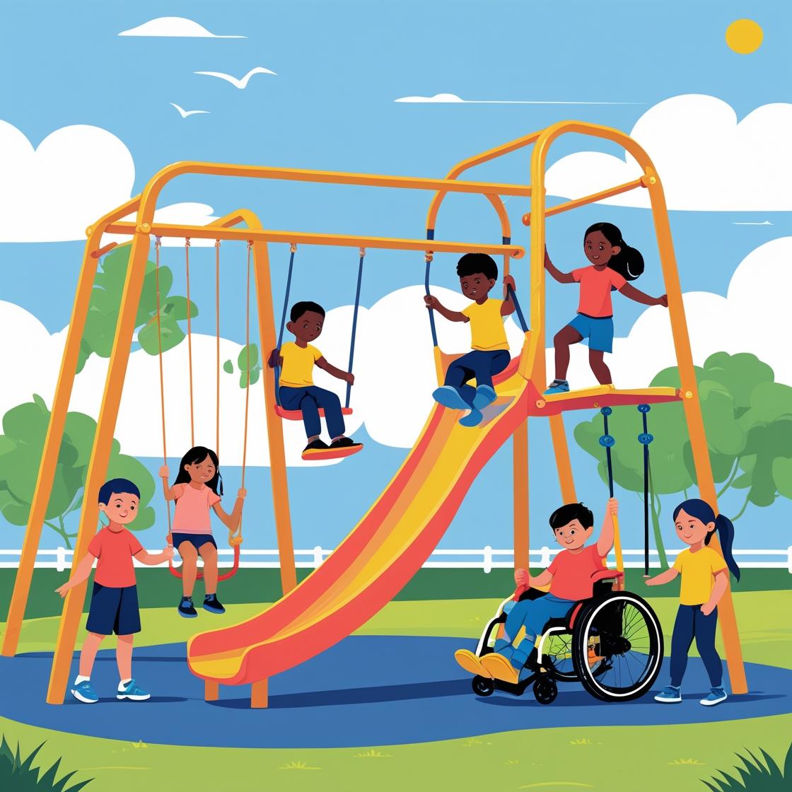Children playing in a playground. Child in a wheelchair at the front.