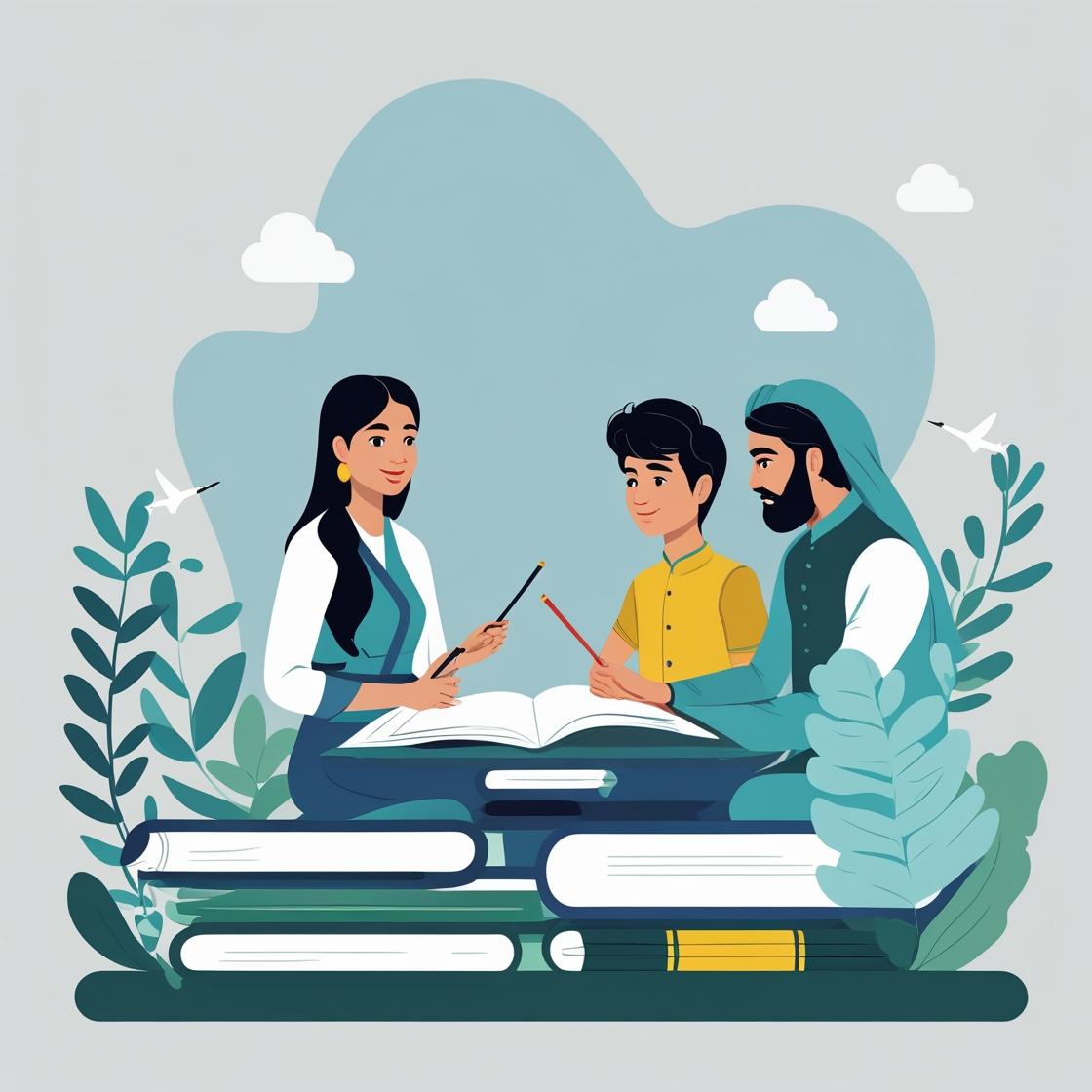 Three individuals sitting around a book with pencils in their hands.