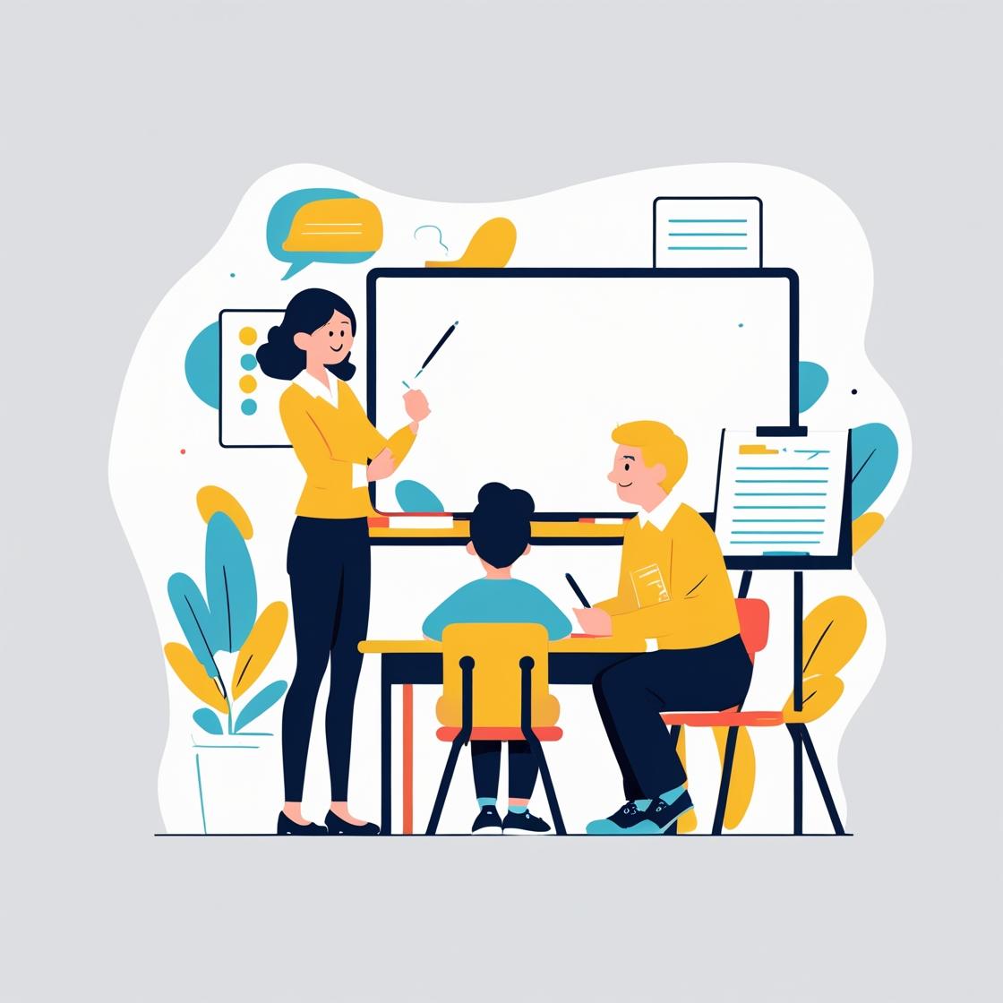 A teacher pointing at a whiteboard with a child and an adult sitting at a desk.
