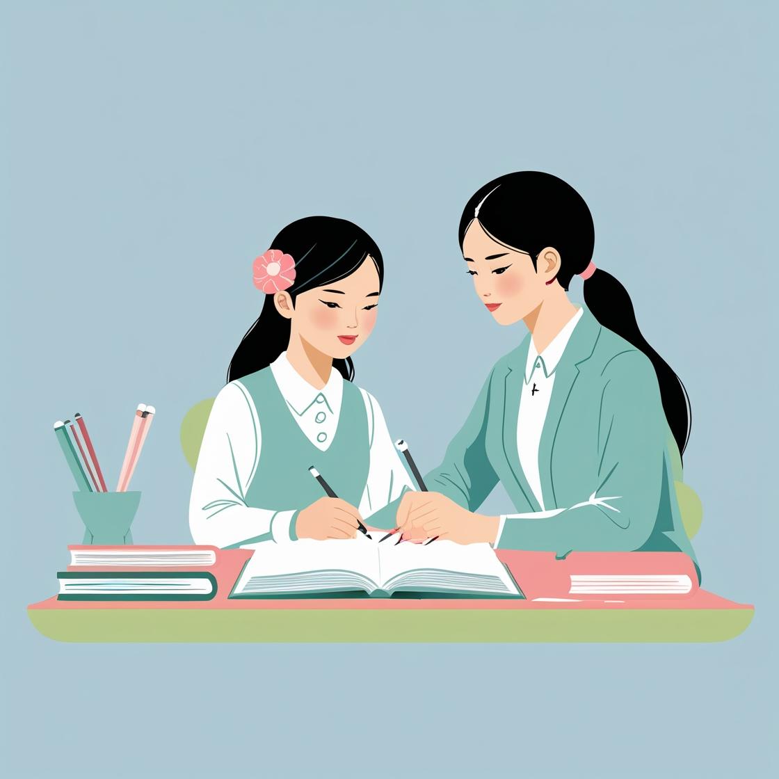 An adult sitting at a desk with a child with long hair being tutored.