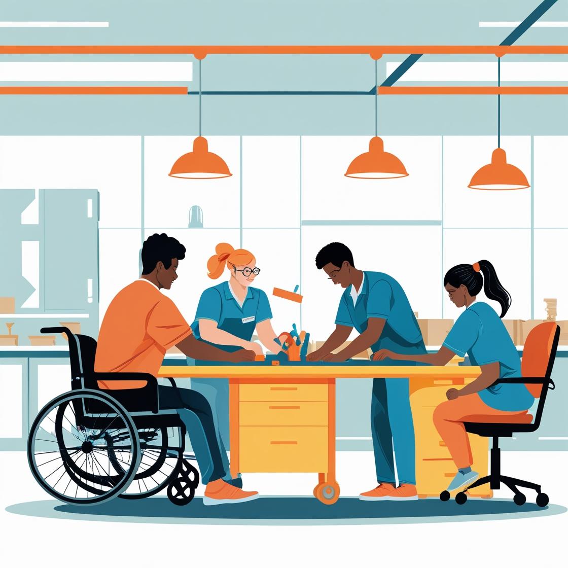 Four individuals working at a desk. One of them are sitting in a wheelchair.