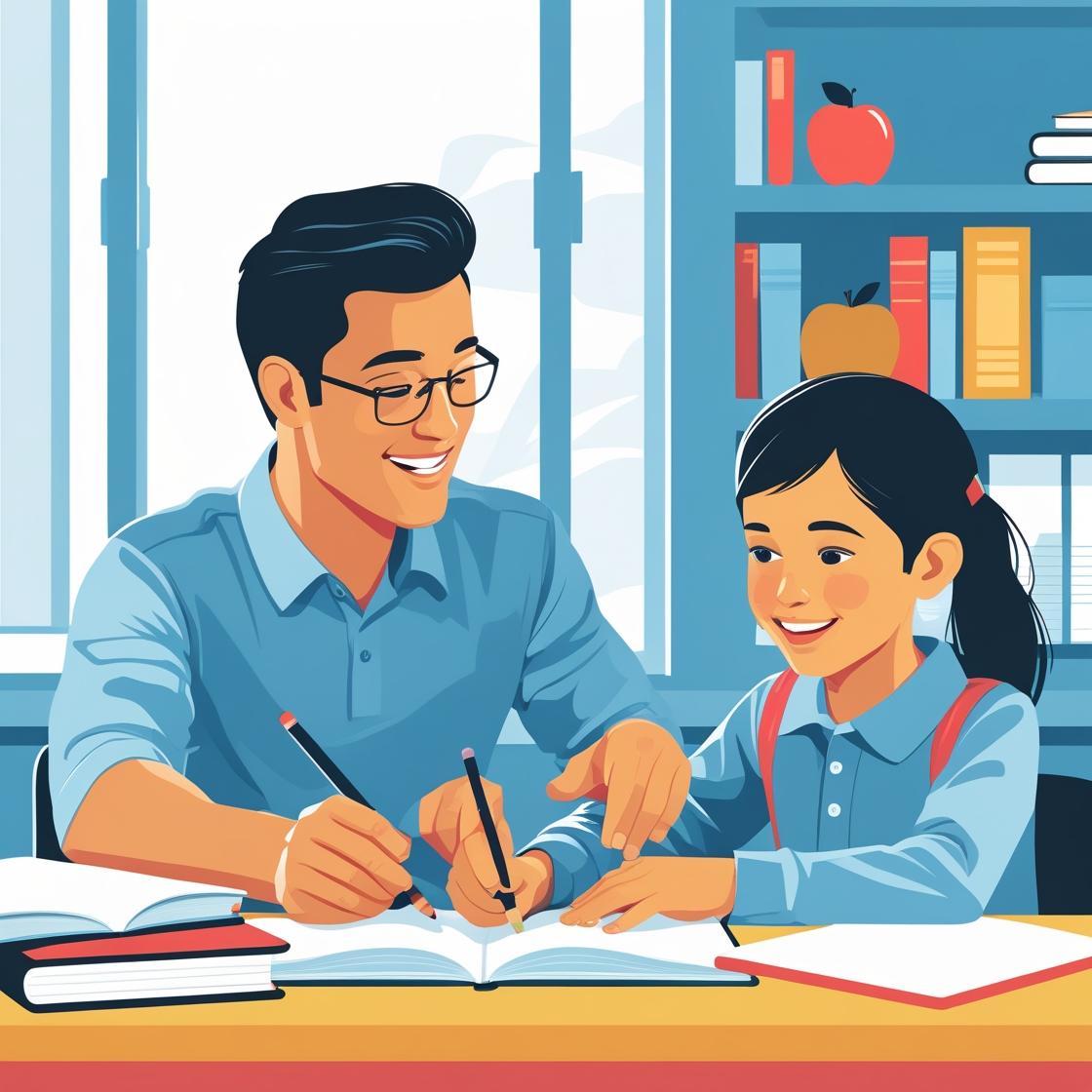 Man working with a child at a desk. A book is open in front of them.