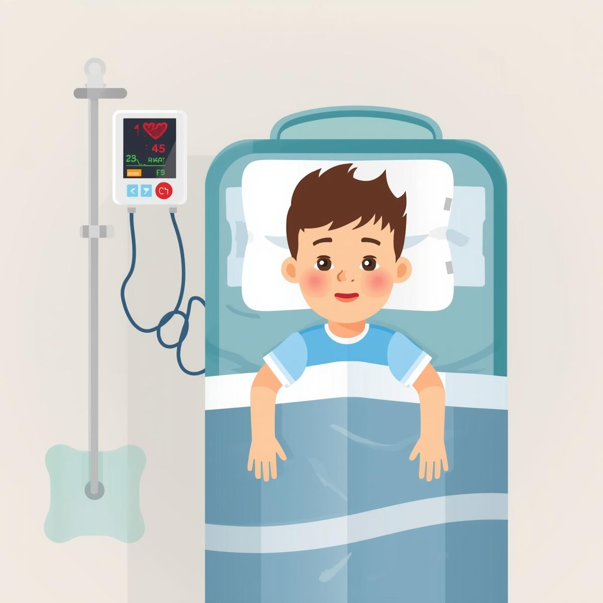 A child laying in a hospital bed connected to a heart monitor.