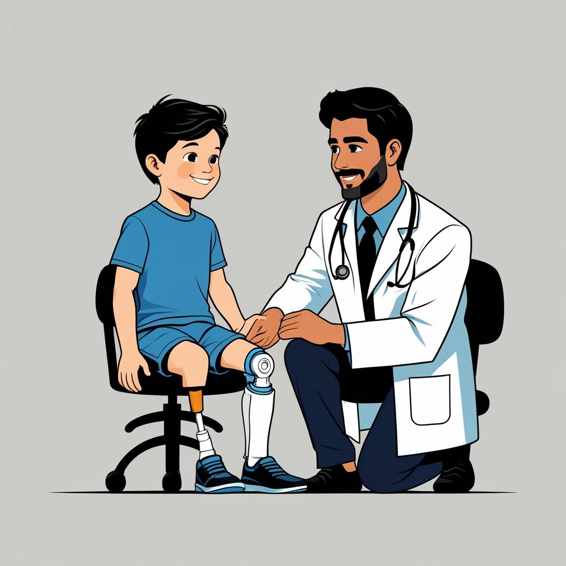 Doctor examining a child with two prosthetic legs.