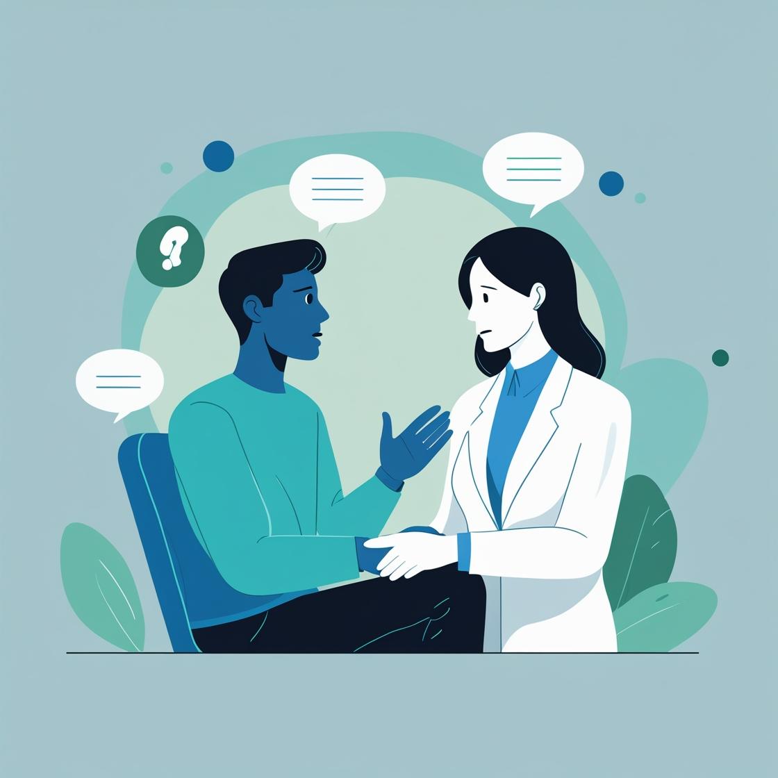 A man speaking face to face with a female doctor.