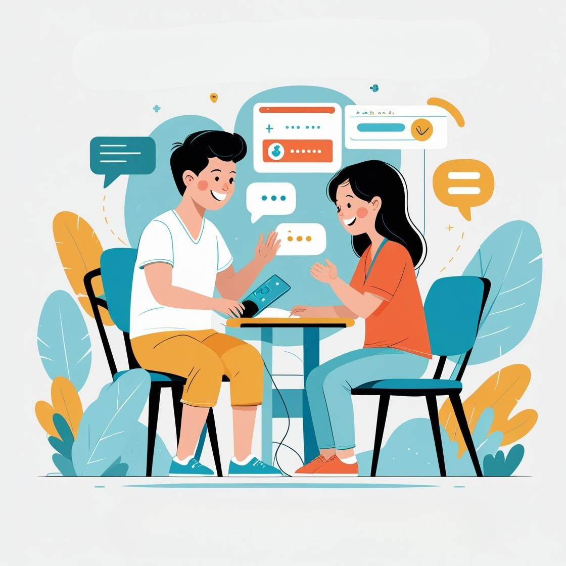 Man and a woman conversing at a table.